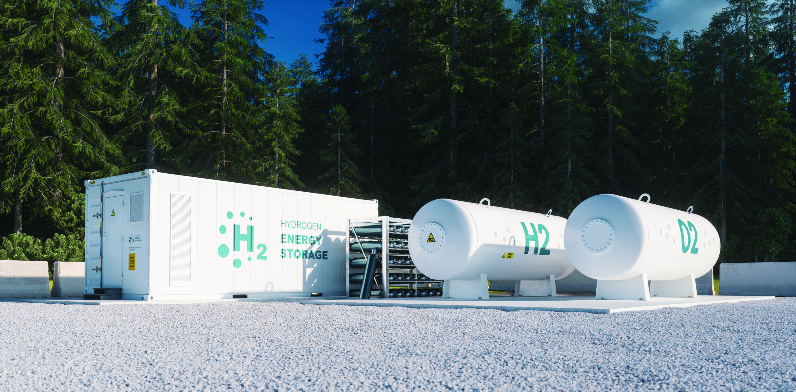 Environmentally friendly solution of renewable energy storage - hydrogen gas to clean electricity facility situated in forest environment. 3d rendering.